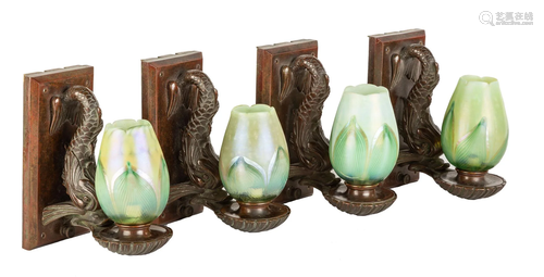 Four Rare Tiffany Studios, NY Dolphin Sconces