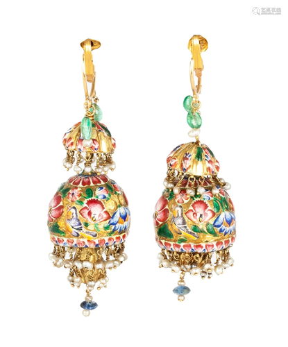 Pair of Persian Gold and Enameled Earrings