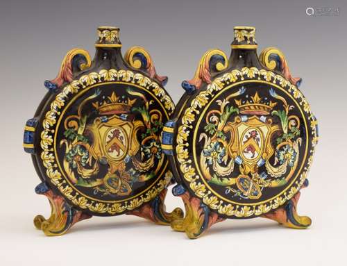 Pair of 19th Century French Gien faience pottery vases, each of moon flask form decorated with an