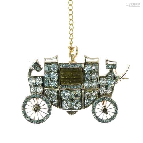 Diamond set carriage pendant brooch, set throughout with old brilliant cuts and rose cuts, with