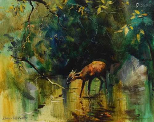 Kenneth Webb (Irish 1927-) RWA FRSA RUA - Oil on canvas - 'Forest Deer', 40cm x 50.5cm, bearing