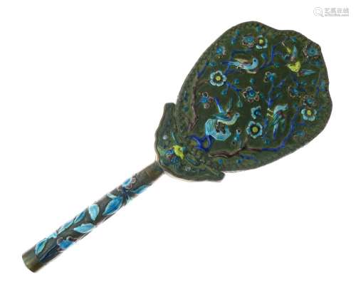 Chinese copper and enamel hand mirror, with shield-shaped bevelled plate, the reverse and