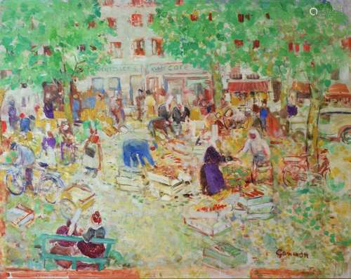 Reg Gammon (1894-1997) - Oil on board - Busy French market scene, signed lower right, 47cm x 59cm,