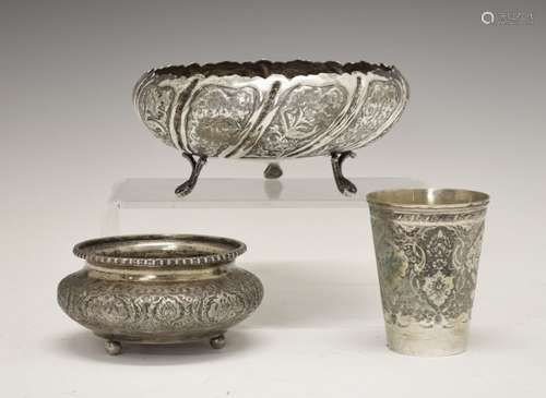 Persian (possibly Isfahan) white metal bowl, with typical Iranian engraved decoration, bearing