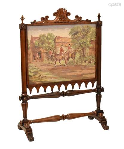 Mid 19th Century carved rosewood fire screen, the adjustable screen with counter weighted pulley,