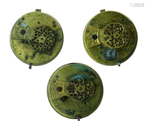 Three 18th Century pocket watch movements (only), signed Hunt, Salisbury, White & Son, Bideford, and