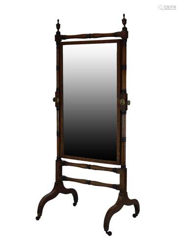 Early 19th Century mahogany cheval mirror, the plain rectangular plate within turned uprights and