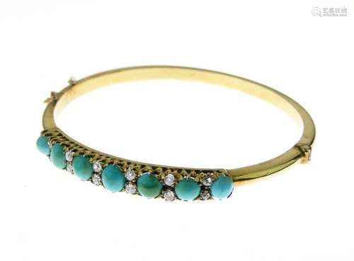 Turquoise and diamond hinged bangle, in unmarked gold coloured metal, the seven graduated cabochon