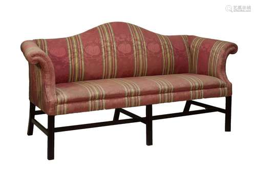 Georgian-style mahogany 'camel-back' settee, covered in striped damask, on moulded square section