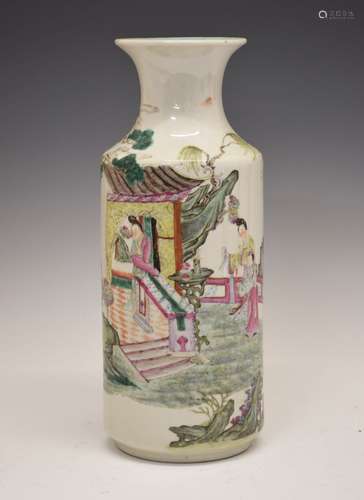 Chinese Canton Famille Rose porcelain vase of cylindrical form with waisted neck, decorated with