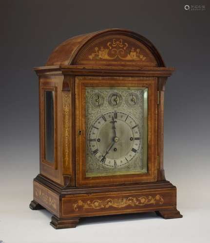 Edwardian inlaid mahogany triple-fusee musical bracket or table clock, Anonymous, circa 1900, the