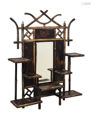 Late 19th Century black lacquered and bamboo wall mirror, with bevelled central rectangular mirror