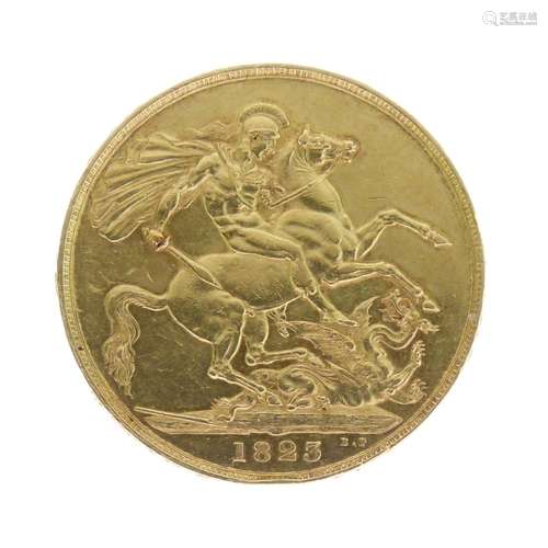 Gold Coin - George IV Double sovereign (£2 coin), 1823, first year of issue, with raised legend to