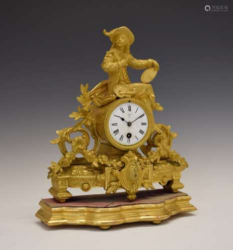 Late 19th Century French gilt spelter mantel clock, the three-inch white Roman dial initialled