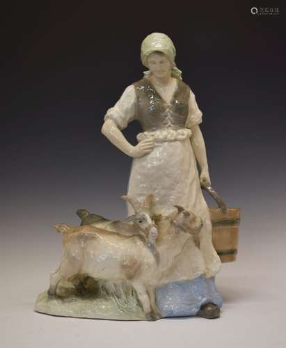 Large early 20th Century Austrian Amphora figure of a female goatherd carrying a water pail beside