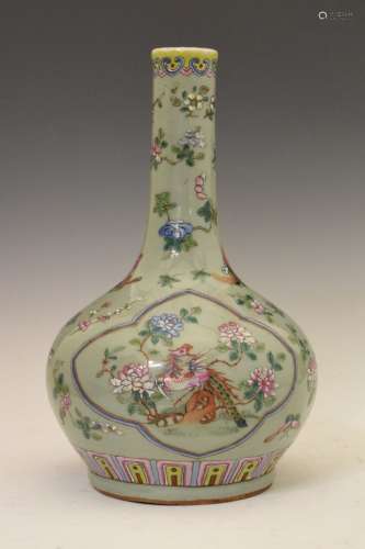 Chinese porcelain celadon-glazed Famille Rose vase, of bulbous form with tall cylindrical neck,