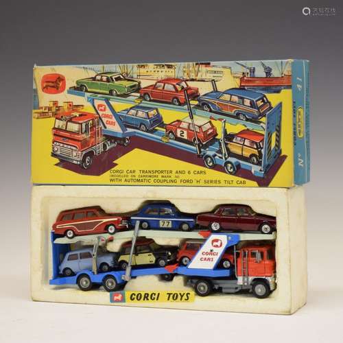 Corgi gift set No. 41 Carrimore Car Transporter, with six cars comprising: Ford Consul Cortina