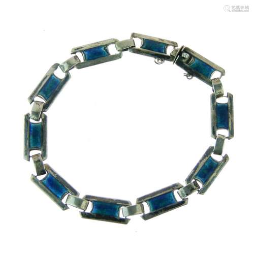 Art Nouveau enamel bracelet, in the style of J. Fenton, unmarked, silver coloured metal, 20.4cm long