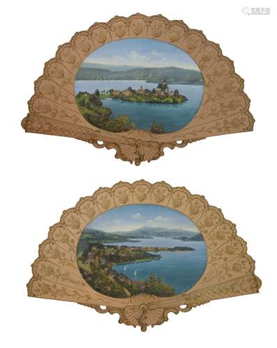 Large pair of early 20th Century Austrian painted terracotta dishes, each of fan design with central