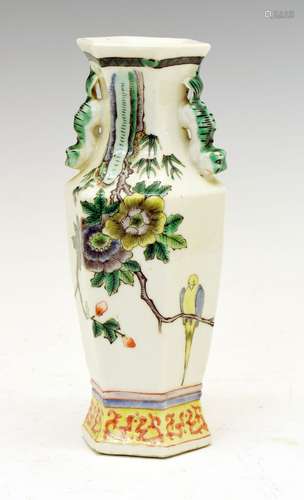 Chinese Canton Famille Verte porcelain hexagonal baluster vase, the waisted neck applied with Dogs