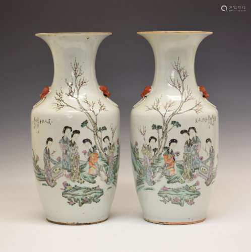 Pair of early 20th Century Chinese porcelain vases, each of ovoid form with tall waisted neck and