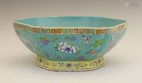 Chinese porcelain hexagonal footed bowl, probably 19th Century, with duck egg blue interior, the