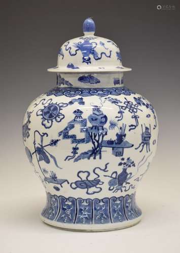 Large Chinese porcelain blue and white baluster jar and cover, the domed lid and squat balustraude