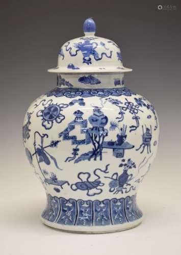 Large Chinese porcelain blue and white baluster jar and cover, the domed lid and squat balustraude