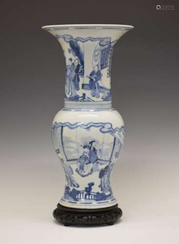Chinese porcelain blue and white 'Yen-Yen' vase, the flared tall neck and balustroid body both