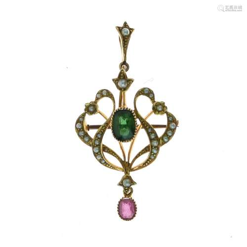 Edwardian tourmaline and seed pearl pendant brooch, stamped '15ct', the scroll frame with detachable