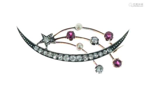 Diamond, ruby and pearl crescent and shooting star brooch, circa 1900, set with graduated