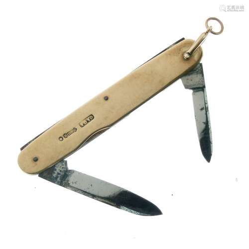 Asprey & Co - Edward VII 9ct gold-cased penknife or pocket knife, the two folding blades both