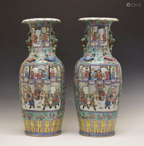 Large pair of 19th Century Chinese Canton Famille Rose porcelain vases of slender baluster form, the