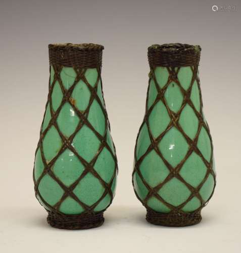 Unusual pair of early 20th Century Japanese celadon porcelain vases, late Meiji/Taisho, each of