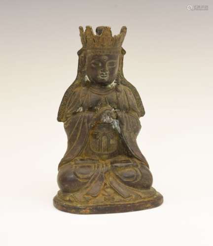Sino-Tibetan copper alloy figure of a deity, possibly Amitabha or Buddha Shakyamuni, hands clasped