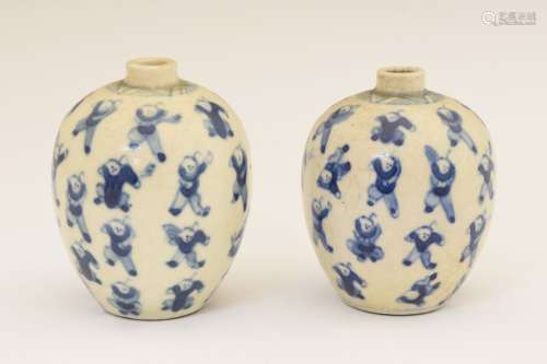 Pair of 19th Century Chinese miniature vases, each of ovoid form decorated with thirty two figures