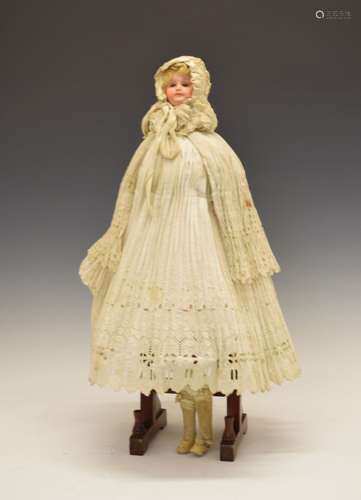 Early 20th Century bisque headed 'Parasol Doll', in lace clothing, doll having light blonde hair and