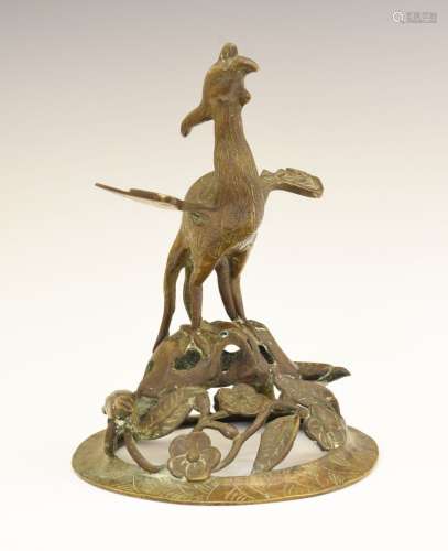 19th Century Oriental bronze cover, from a vase or incense burner, modelled as a mythical phoenix or
