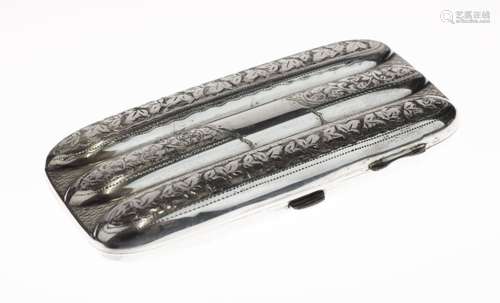 Edward VII silver cigar case, with engraved floral decoration and apertures for three cigars,