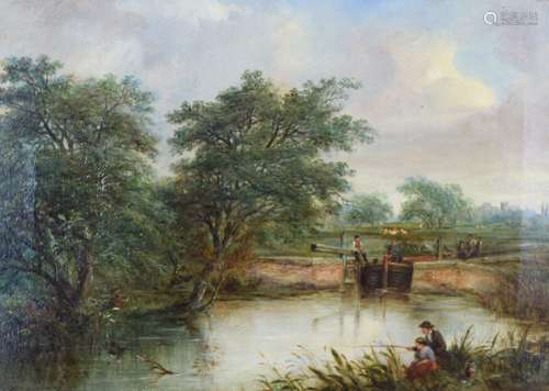 Robert Burrows (fl.1851-1856) - Oil on canvas - Lock scene with two figures fishing, signed and