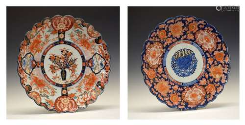 Two large late 19th/early 20th Century Japanese Imari porcelain chargers or dishes, late Meiji/