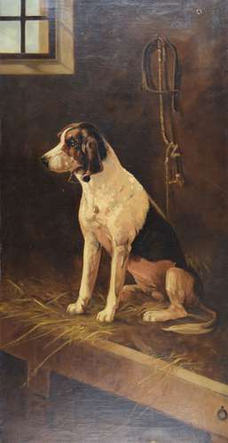 Mabel Brook (20th Century) - Oil on canvas - Foxhound in a stable, signed lower left, 91.5cm x 43cm,