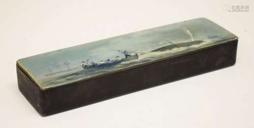 19th Century black-lacquered papier-mâché pen box, the hinged rectangular cover painted with a