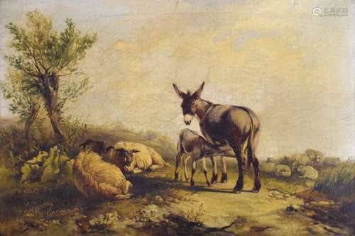 19th Century English School - Oil on canvas - Donkey with foal and sheep grazing, 37cm x 55cm, in an