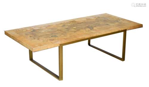 Modern Design - Roche Bobois marble and metal inlaid mosaic top coffee table on gold painted steel