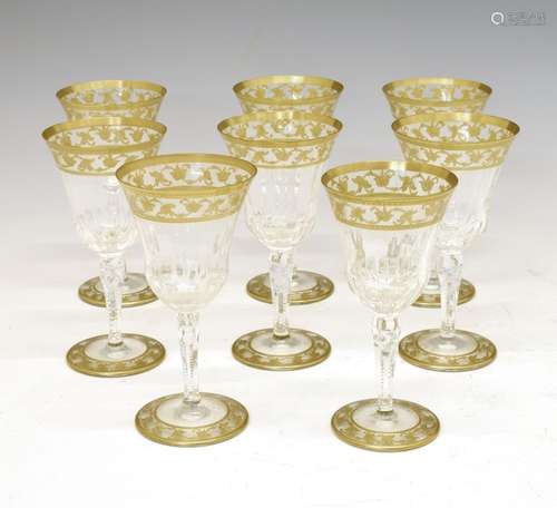 Matched set of eight St. Louis, France crystal ware wine glasses having floral gilt etched borders