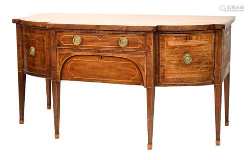 19th Century inlaid mahogany breakfront sideboard, the ebony and boxwood-strung and crossbanded