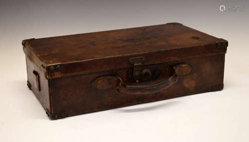 19th Century hide cartridge case or magazine, the rectangular top with brass corners and central