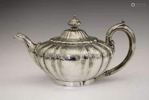 Victorian silver teapot, of compressed melon-lobed form, London 1862, sponsor William Wrangham