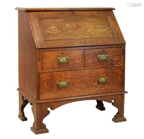 Maple & Co - Arts & Crafts/Art Nouveau inlaid oak bureau, the moulded rectangular top over